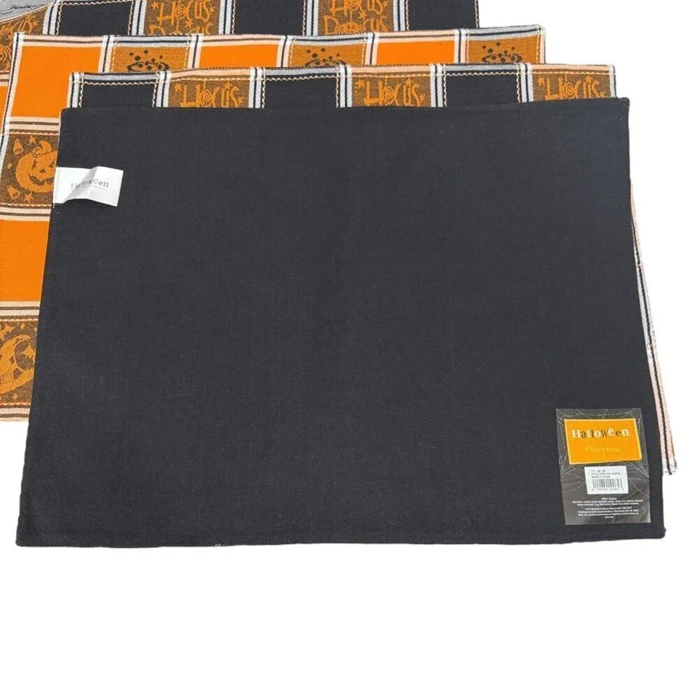 Halloween Placemats Set of Four Pumpkin Orange Black Check Cotton Tapestry